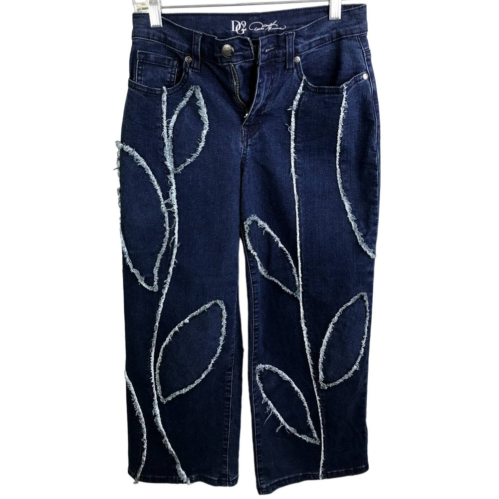 DG2 Diane Gilman Women Wide Leg Jeans Boho Blue Floral Embroidered‎ Pants 4